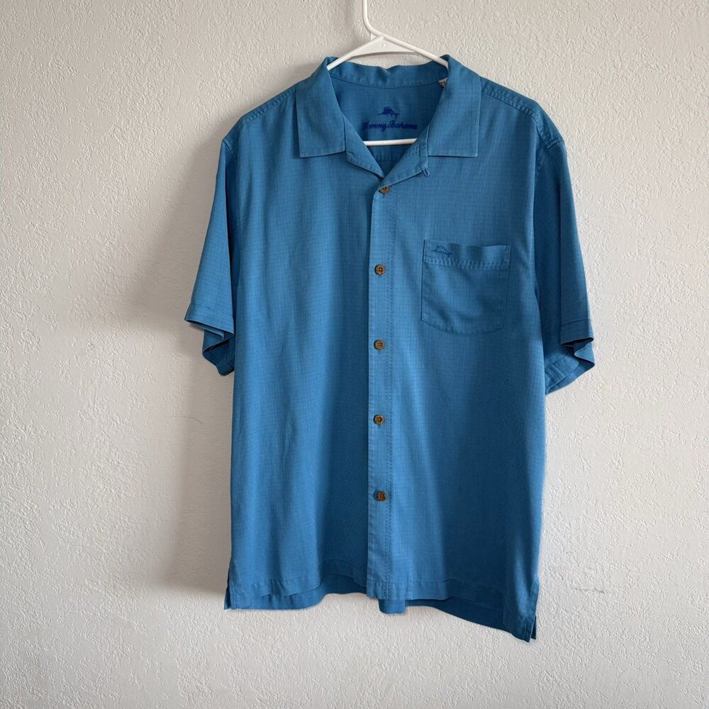 Tommy Bahama Island Zone Mens L Blue Textured Short Sleeve Button Up Shirt